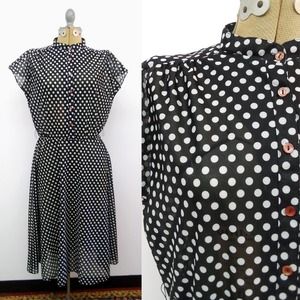 Vintage 60s/70s Black White Polka Dot Dress Volup Day Dress Button Front